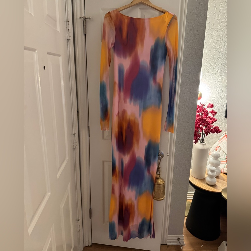 Vero Moda Tall Watercolor Mesh Maxi Dress – XS Tall – Long Sleeve